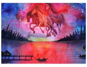 Obraz - Zjavenie vesmírnych koní nad jazerom, aquarel (70x50 cm)