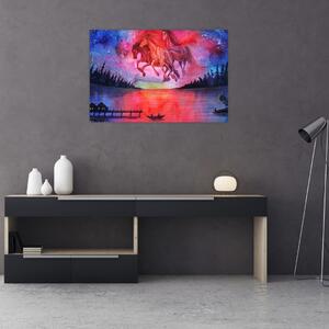 Obraz - Zjavenie vesmírnych koní nad jazerom, aquarel (90x60 cm)