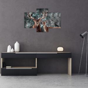 Obraz - Jeleň a laň v zasneženom lese (90x60 cm)