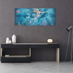 Obraz - Morská víla s delfínmi (120x50 cm)