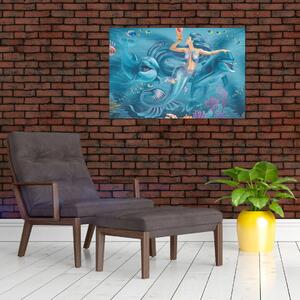 Obraz - Morská víla s delfínmi (90x60 cm)