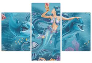Obraz - Morská víla s delfínmi (90x60 cm)