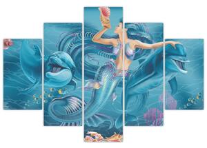 Obraz - Morská víla s delfínmi (150x105 cm)