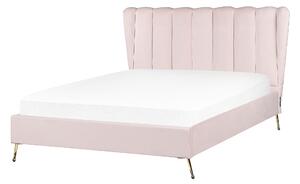 Posteľ ružová zamatové čalúnenie 140 x 200 cm zlaté kovové nohy prešívané čelo s USB portom moderný glamour štýl spálňa