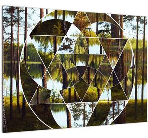 Sklenený obraz - Geometrická koláž na pozadí severských lesov (70x50 cm)
