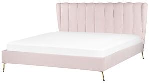 Posteľ ružová zamatové čalúnenie 180 x 200 cm zlaté kovové nohy prešívané čelo s USB portom moderný glamour štýl spálňa