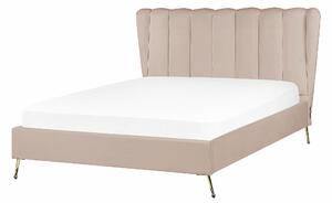 Posteľ sivobéžová zamatové čalúnenie 140 x 200 cm zlaté kovové nohy prešívané čelo s USB portom moderný glamour štýl spálňa