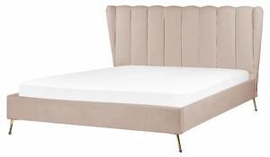 Posteľ sivobéžová zamatové čalúnenie 160 x 200 cm zlaté kovové nohy prešívané čelo s USB portom moderný glamour štýl spálňa