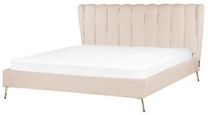 Posteľ béžová zamatové čalúnenie 180 x 200 cm zlaté kovové nohy prešívané čelo s USB portom moderný glamour štýl spálňa