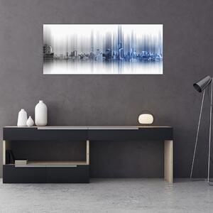 Obraz - Panoráma mesta, modro-šedé (120x50 cm)