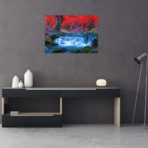Obraz vodopádu v červenom lese (70x50 cm)