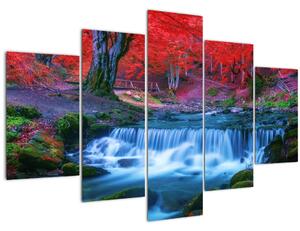 Obraz vodopádu v červenom lese (150x105 cm)