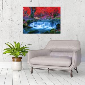 Obraz vodopádu v červenom lese (70x50 cm)