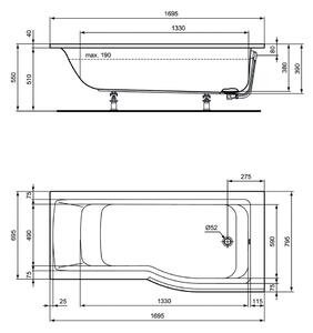 Ideal Standard Connect Air - Vaňa so zónou pre sprchovanie (pravá) 1695 x 795 mm, Biela, E113501