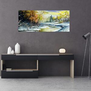 Obraz zimnej rieky, olejomaľba (120x50 cm)