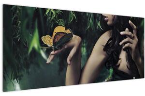Obraz pôvabnej ženy s motýľom (120x50 cm)