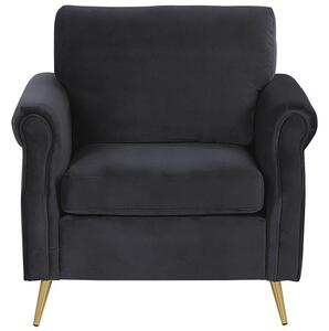 Kreslo čierne zamatové čalúnenie zlaté kovové nohy odnímateľné sedadlo a chrbtové vankúše v štýle retro glam