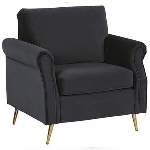 Kreslo čierne zamatové čalúnenie zlaté kovové nohy odnímateľné sedadlo a chrbtové vankúše v štýle retro glam