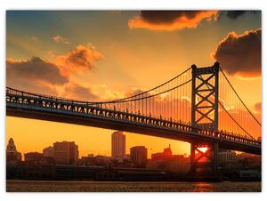 Obraz - Západ slnka nad mostom Bena Franklina, Filadelfia (70x50 cm)