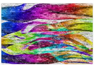 Obraz - Tehlový múr s farebnými plameňmi (90x60 cm)