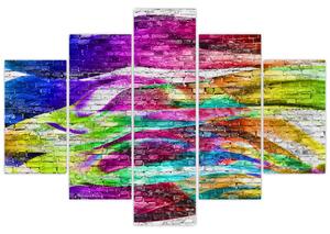 Obraz - Tehlový múr s farebnými plameňmi (150x105 cm)