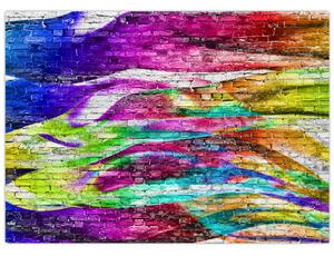 Obraz - Tehlový múr s farebnými plameňmi (70x50 cm)