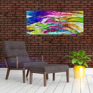Obraz - Tehlový múr s farebnými plameňmi (120x50 cm)