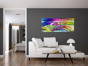 Obraz - Tehlový múr s farebnými plameňmi (120x50 cm)