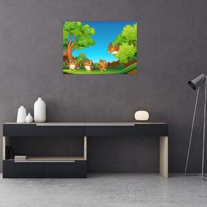 Sklenený obraz - Veselé sovičky (70x50 cm)