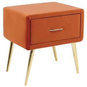 Nočný stolík oranžový zamatový čalúnený 1 zásuvka minimalistický dizajn nábytok do spálne
