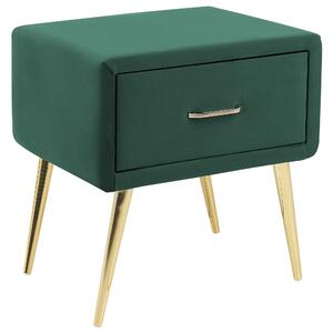 Nočný stolík zelený zamatový čalúnený 1 zásuvka minimalistický dizajn nábytok do spálne