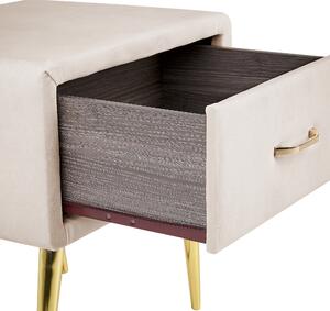 Nočný stolík béžový zamatový čalúnený 1 zásuvka minimalistický dizajn nábytok do spálne