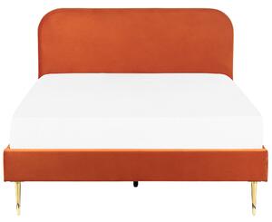 Posteľ oranžová čalúnená zamatová 140 x 200 cm čalúnené čelo zlaté nohy lamelový rošt minimalistický dizajn
