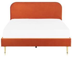 Posteľ oranžová čalúnená zamatová 160 x 200 cm čalúnené čelo zlaté nohy lamelový rošt minimalistický dizajn