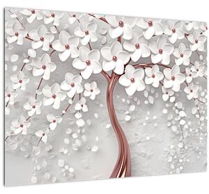Obraz - Obraz bieleho stromu s kvetinami, rosegold (70x50 cm)