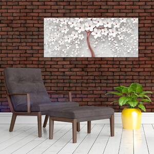 Obraz - Obraz bieleho stromu s kvetinami, rosegold (120x50 cm)