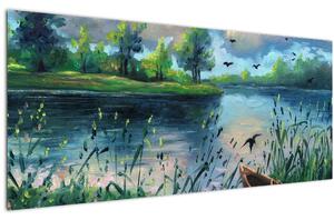 Obraz - Olejomaľba, Letný podvečer pri jazere (120x50 cm)
