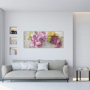 Obraz - Kvety na stene v pastelových farbách (120x50 cm)