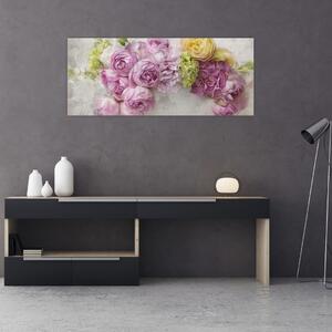 Obraz - Kvety na stene v pastelových farbách (120x50 cm)