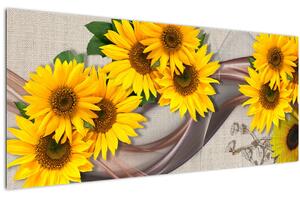Obraz - Žiariace kvety slnečníc (120x50 cm)