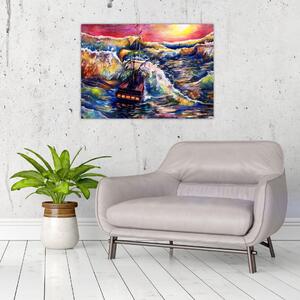 Obraz - Loď na oceánskych vlnách, aquarel (70x50 cm)