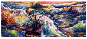 Obraz - Loď na oceánskych vlnách, aquarel (120x50 cm)