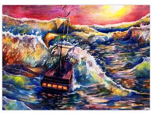 Obraz - Loď na oceánskych vlnách, aquarel (70x50 cm)