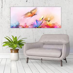 Obraz - Motýľ nad kvetinou, abstrakcia (120x50 cm)