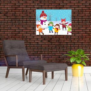 Sklenený obraz - Zimné detské radovánky (70x50 cm)