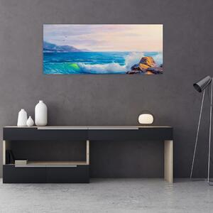 Obraz vĺn narážajúcich na útesy, olejomaľba (120x50 cm)