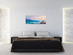 Obraz vĺn narážajúcich na útesy, olejomaľba (120x50 cm)