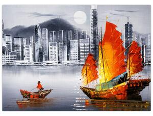 Obraz - Victoria Harbor, Hong Kong, čiernobiela olejomaľba (70x50 cm)