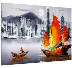 Obraz - Victoria Harbor, Hong Kong, čiernobiela olejomaľba (70x50 cm)