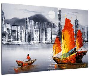 Obraz - Victoria Harbor, Hong Kong, čiernobiela olejomaľba (90x60 cm)